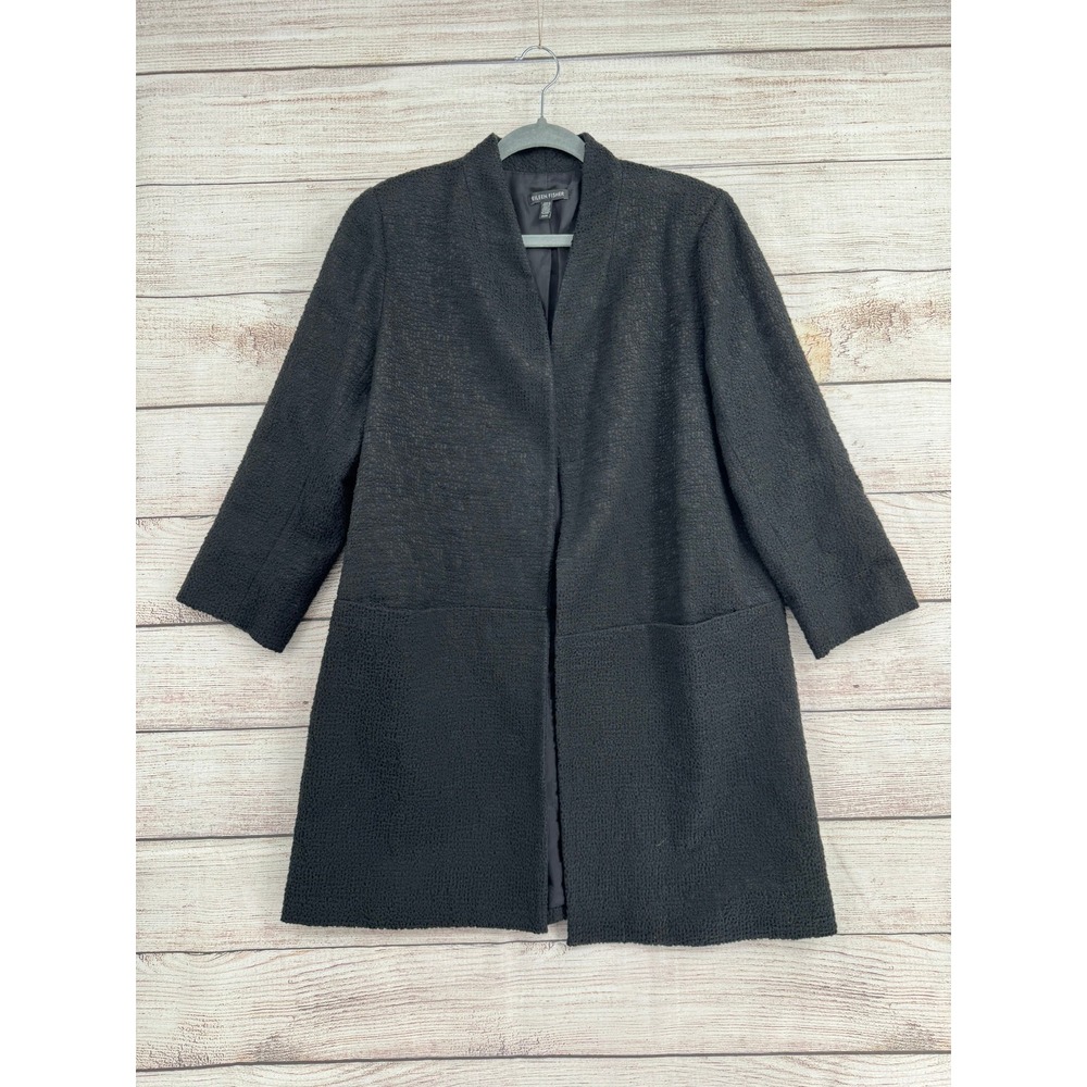 Eileen Fisher Coat Women Medium Black Textured Organic Cotton Open Front R16PJC